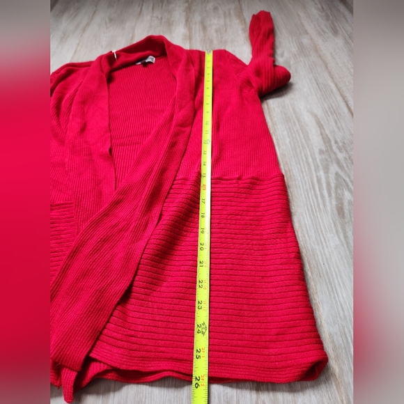 JM Collection Red Long Sleeve Open Front Cowl Neck Cardigan Petite Large Ribbed - Picture 6 of 7